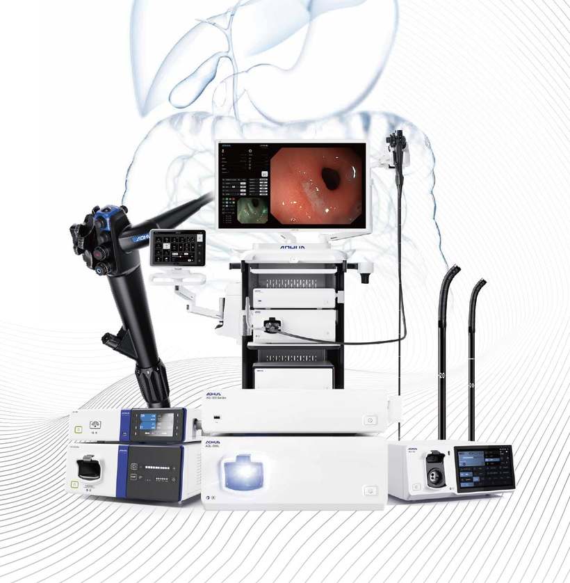 Torre de endoscopia Aohua com monitor, processadora e endoscópios flexíveis